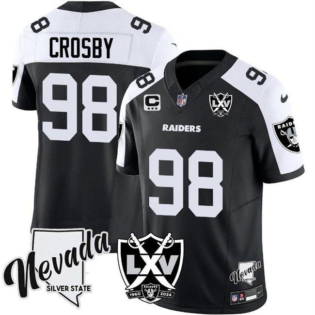 Men's Las Vegas Raiders #98 Maxx Crosby Black/White 2024 F.U.S.E With Nevada Silver Stat Patch And 65th Anniversary Patch 3-Star C Patch Football Stitched Jersey